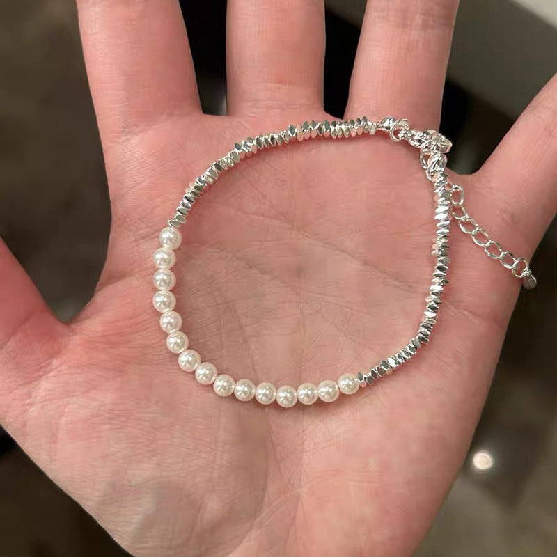 Luxury Minimal 925 Sterling Silver Pearl Bracelet for Women, Versatile Niche Design Freshwater Pearl Stackable Wrist Jewelry